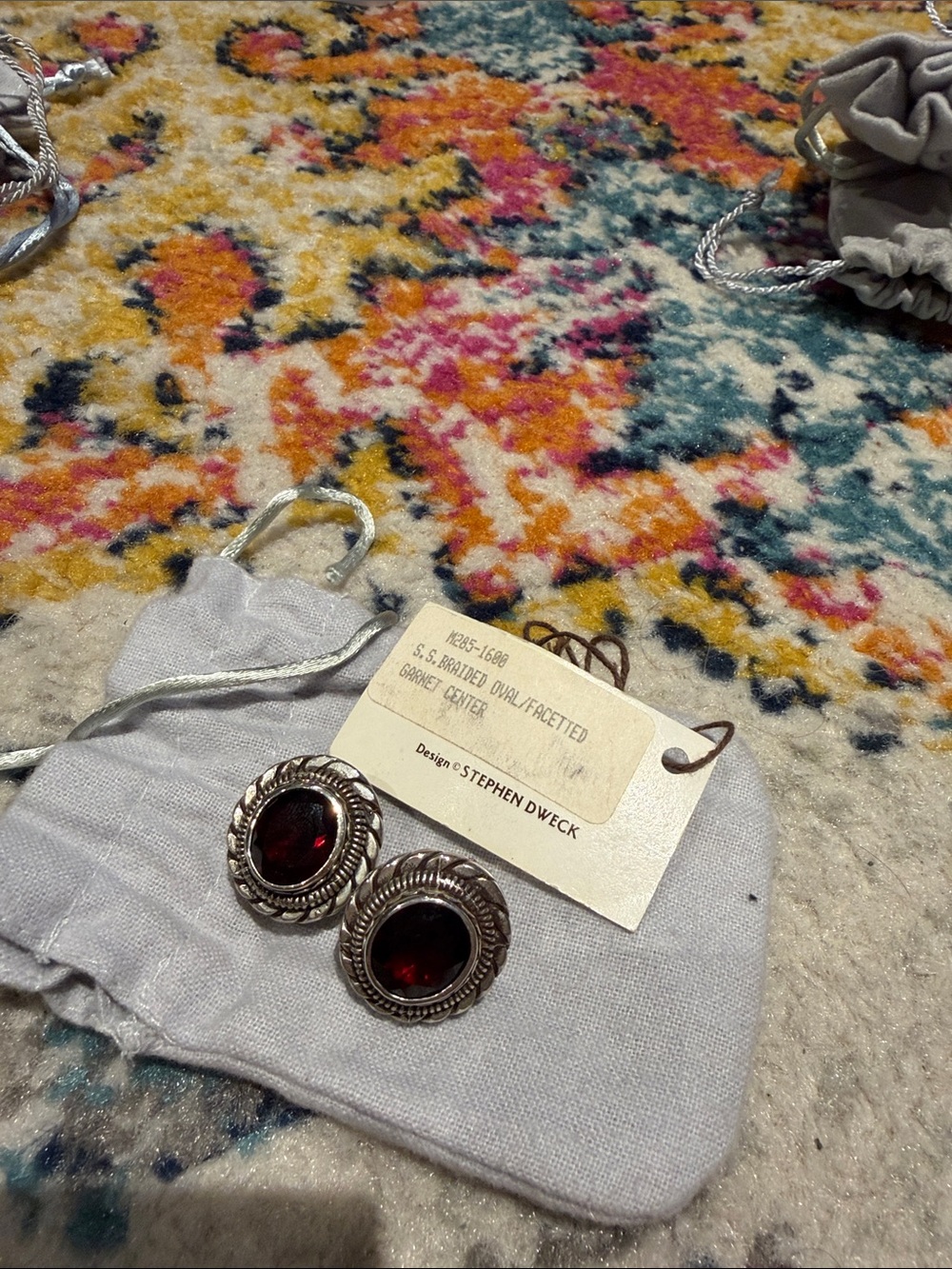 Stephen Dweck Garnet Red Cabochon Silver-Tone Rope Frame Stud Earrings